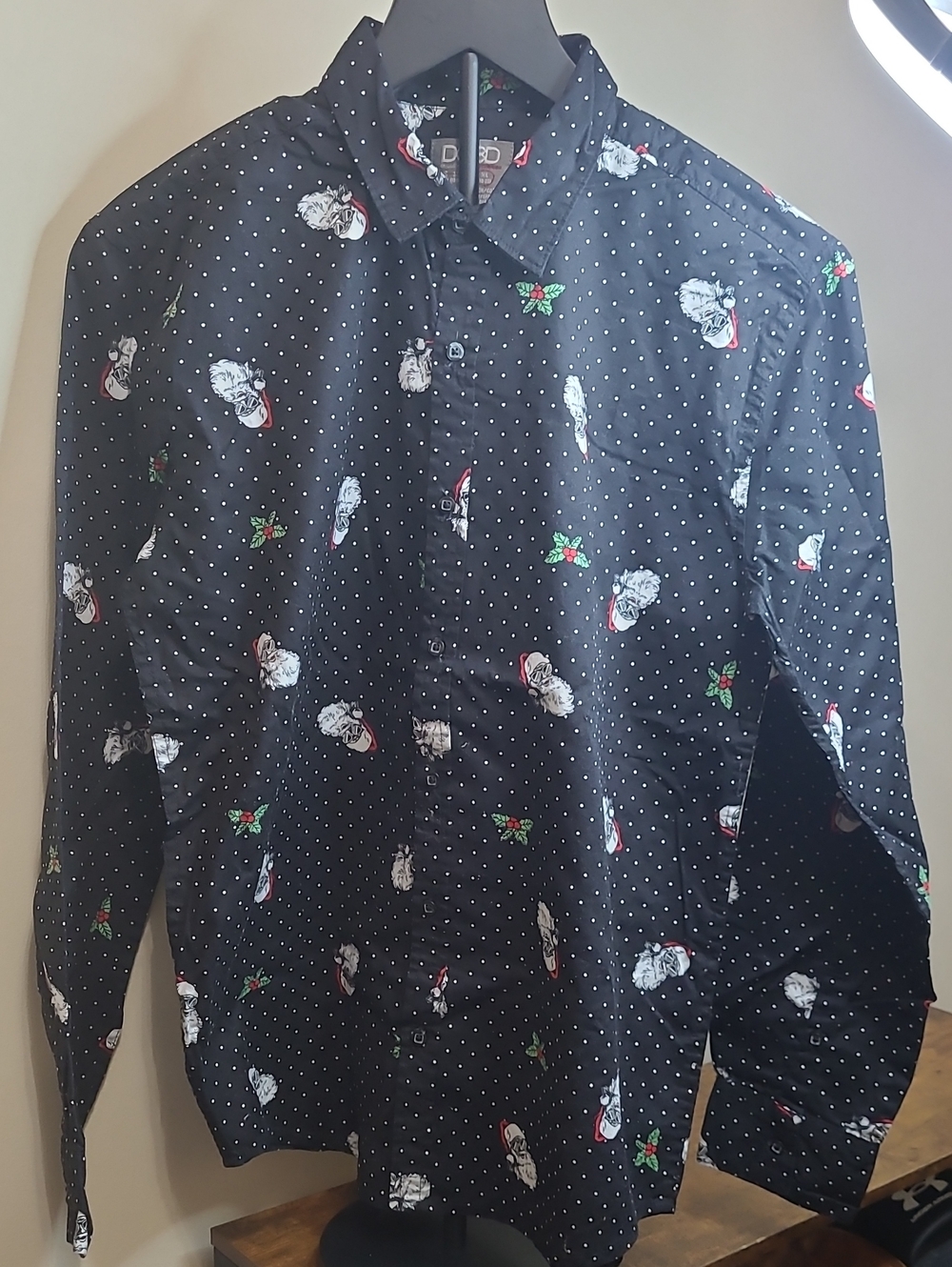 DCBD Drill Clothing/Boy's Division Santa & Holly Print Button-Up Shirt size XL